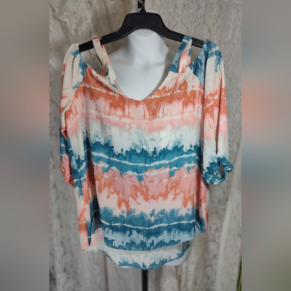 Cold Shoulder Tie-Dye Blouse - Coral and Teal